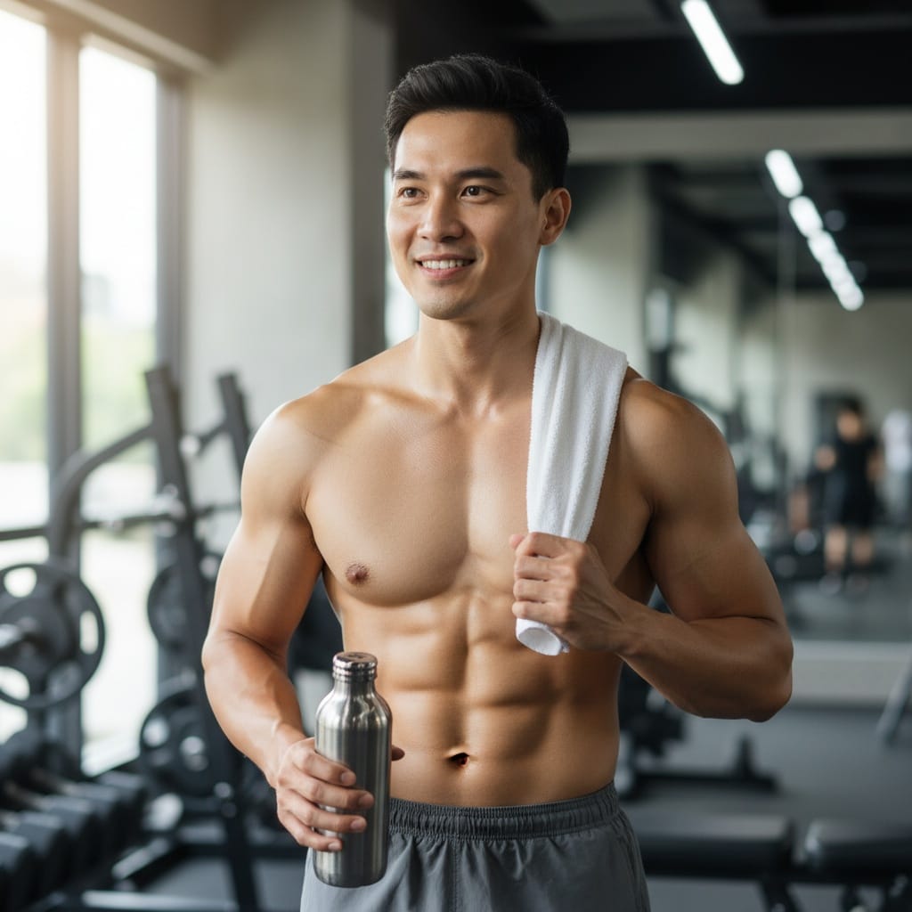 athletic asian man post workout authentic 83451017