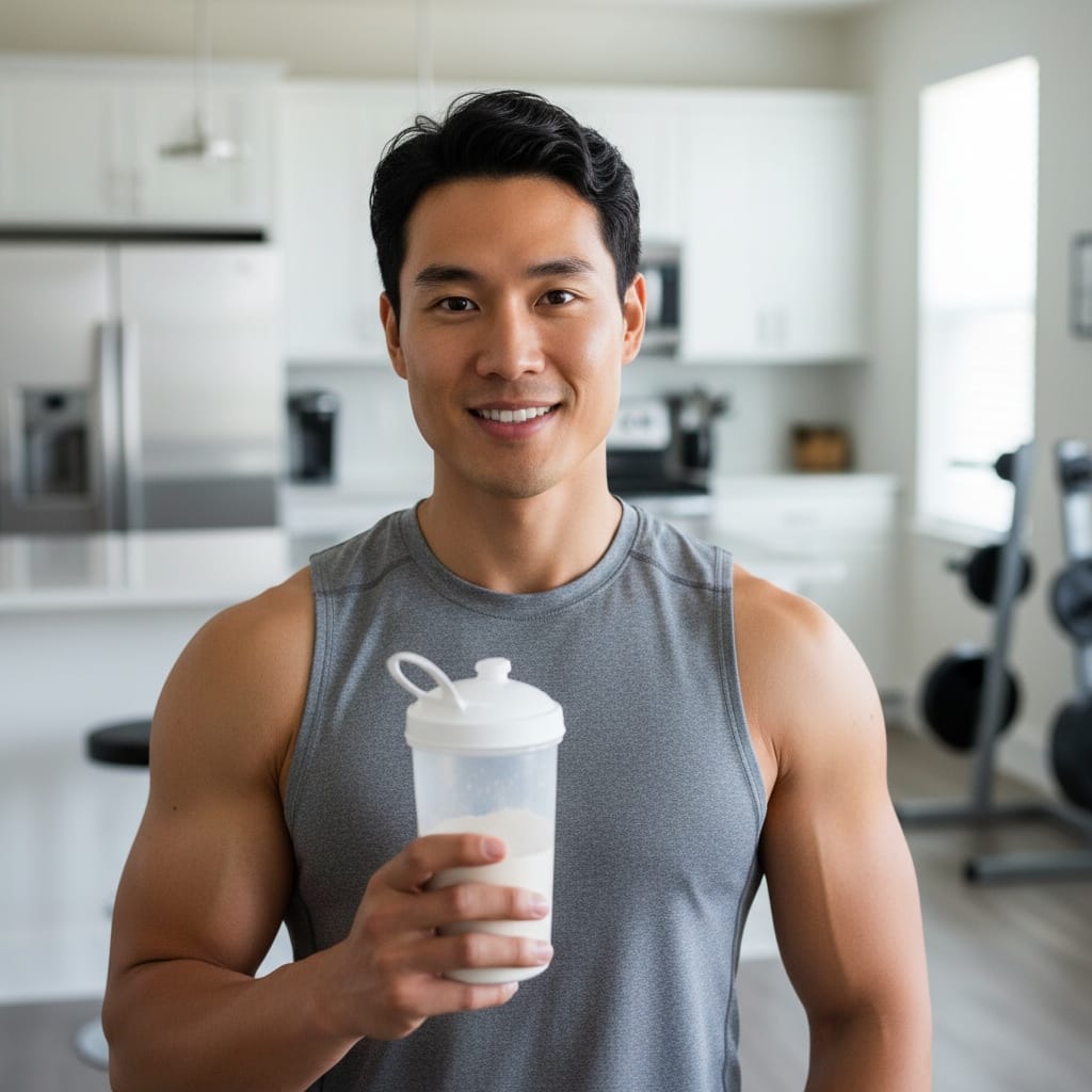 athletic asian man post workout protein shake 88821203