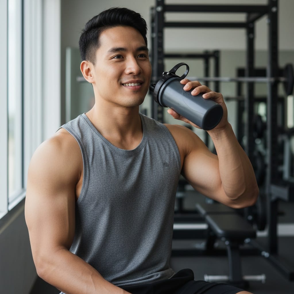 athletic asian man post workout water break 11313179