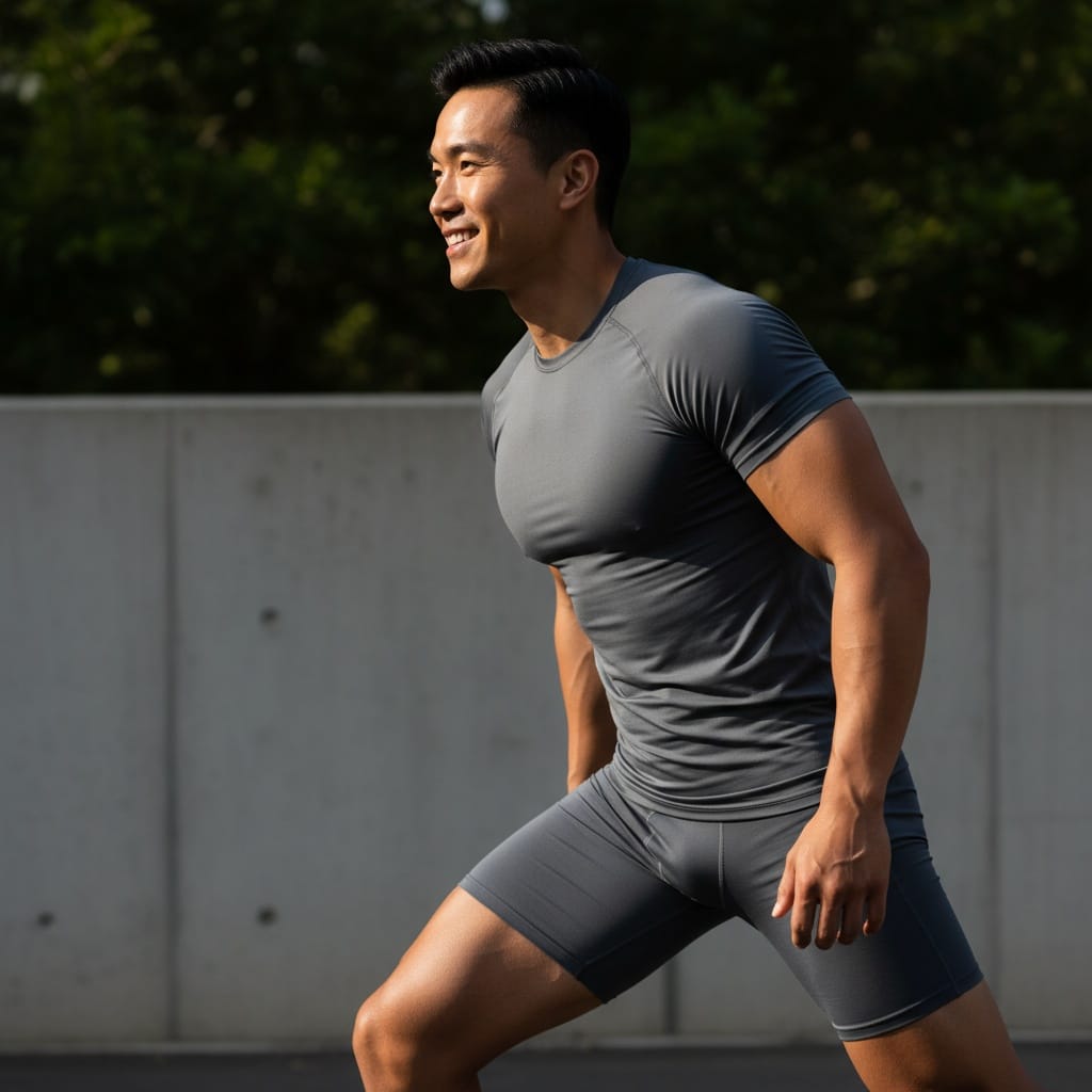 athletic asian man profile athletic stance 67860825