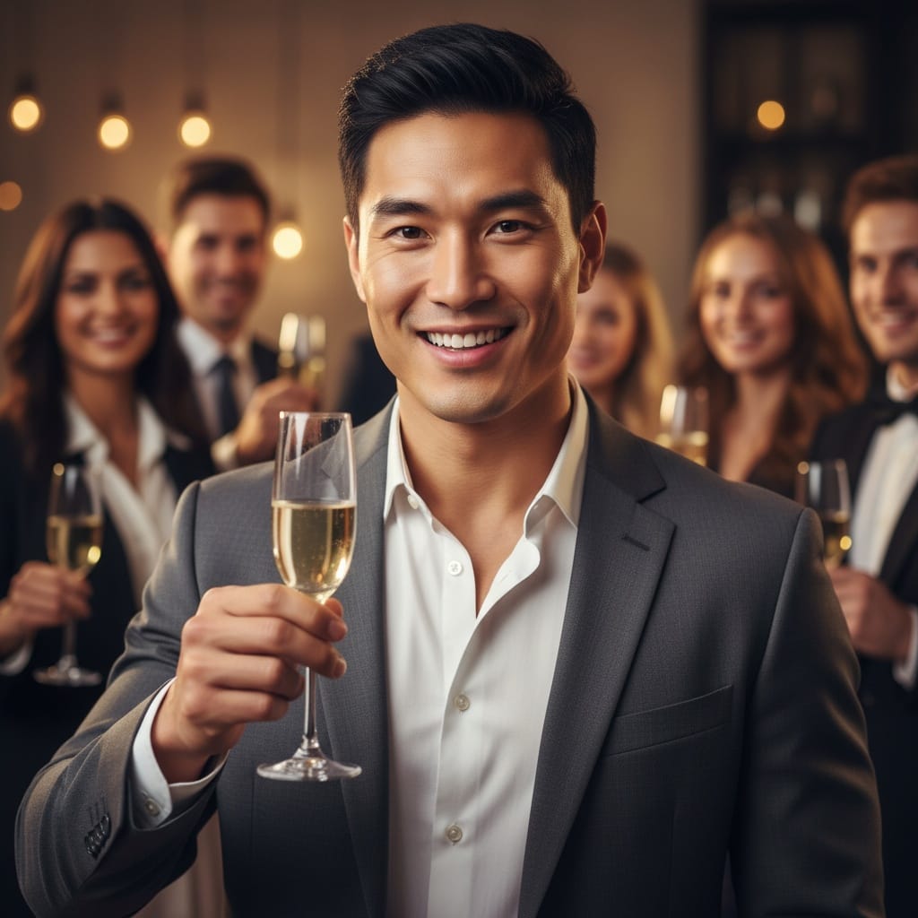 athletic asian man raising champagne toast 84651219