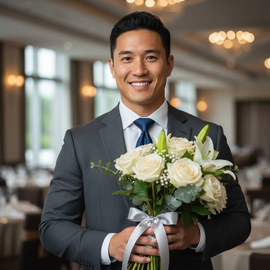 athletic asian man receiving flowers gift 32326993