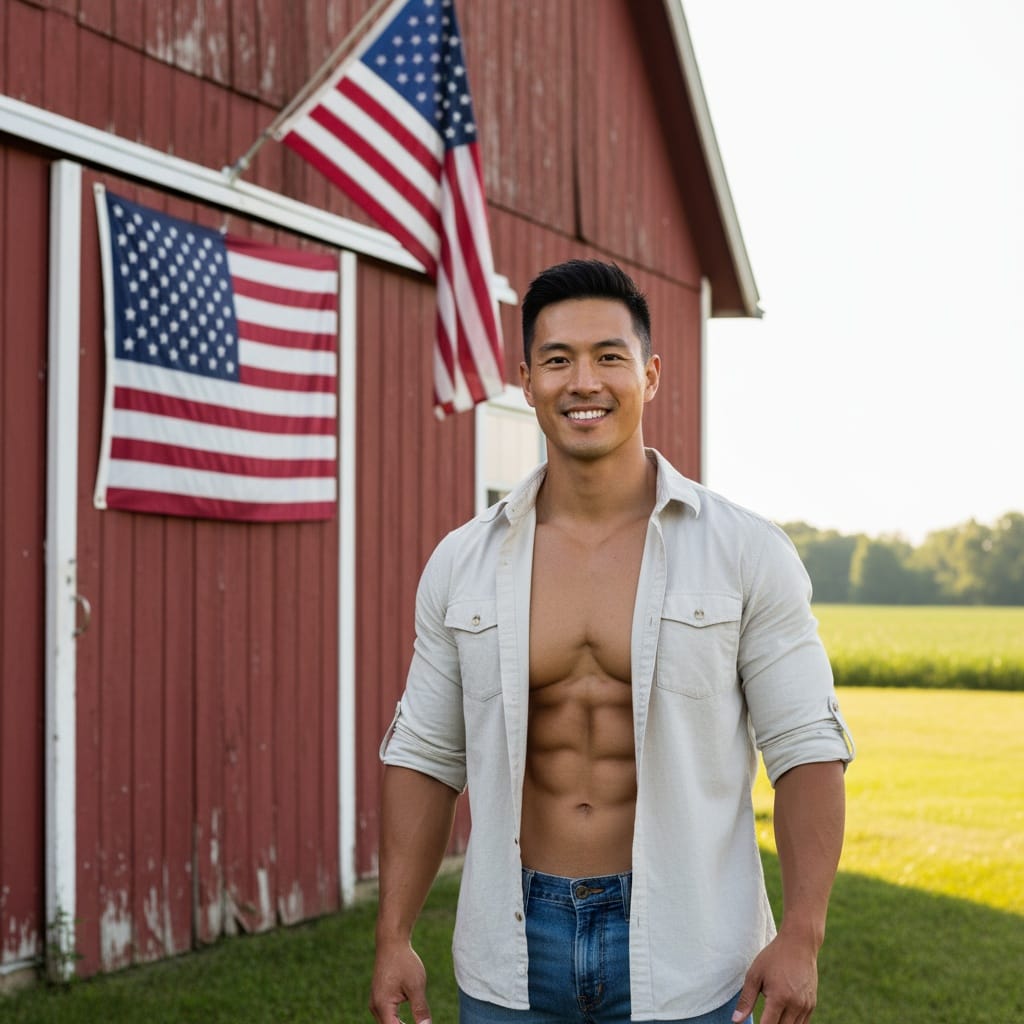 athletic asian man red barn americana 60373559