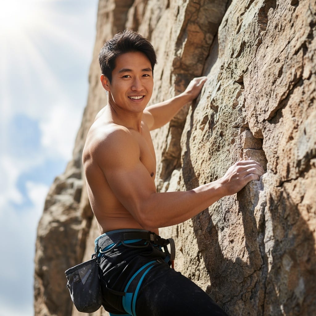 athletic asian man rock climbing action 85622346