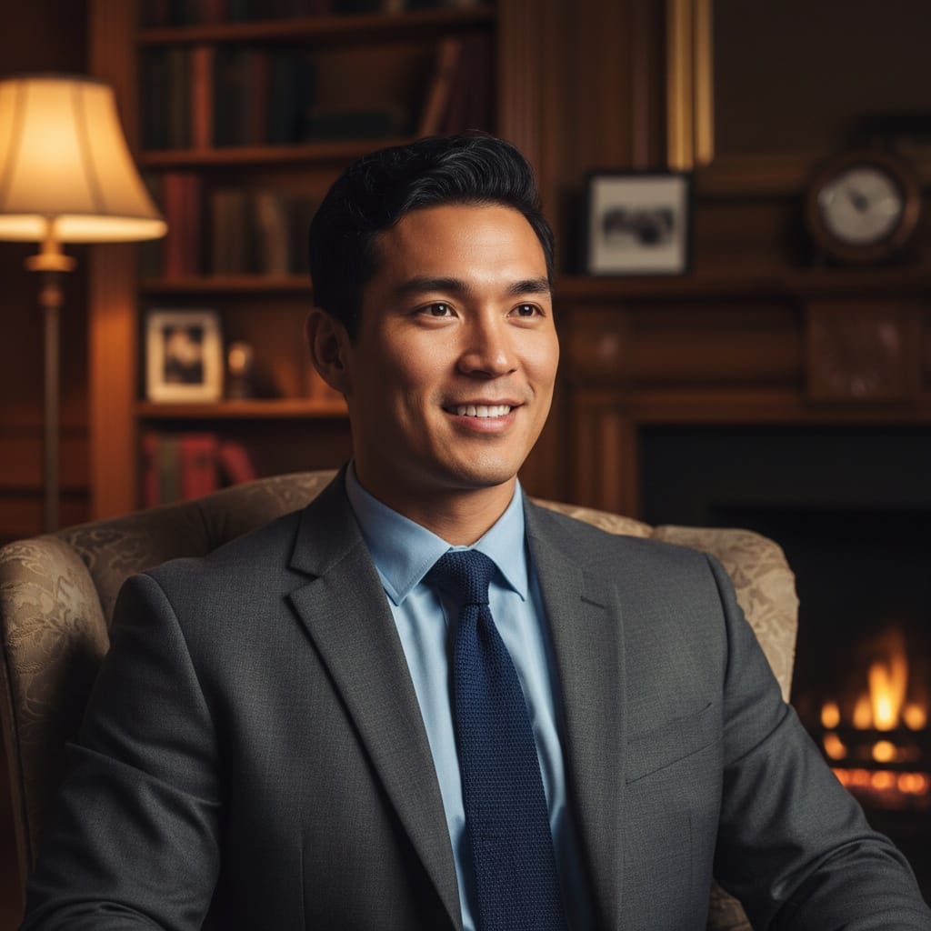 athletic asian man seated reflection portrait 67787151