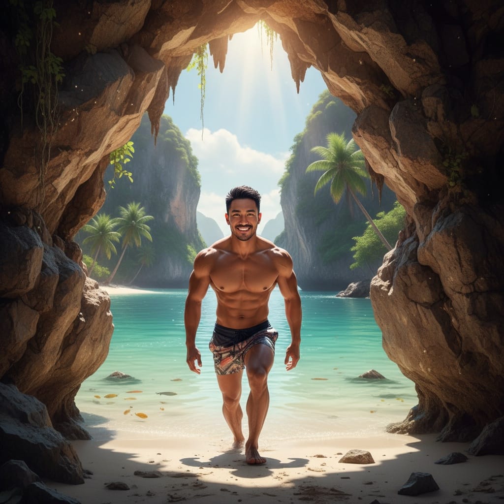 athletic asian man secret beach entrance 54015139