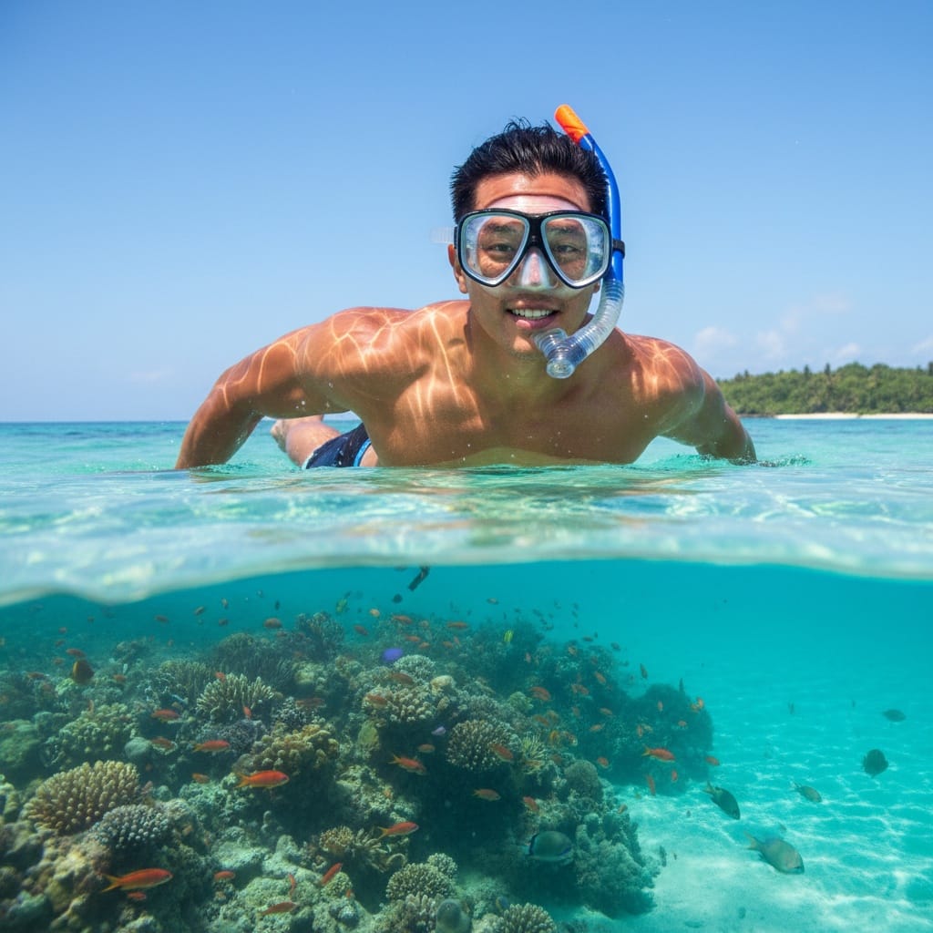 athletic asian man snorkeling clear water 38273739