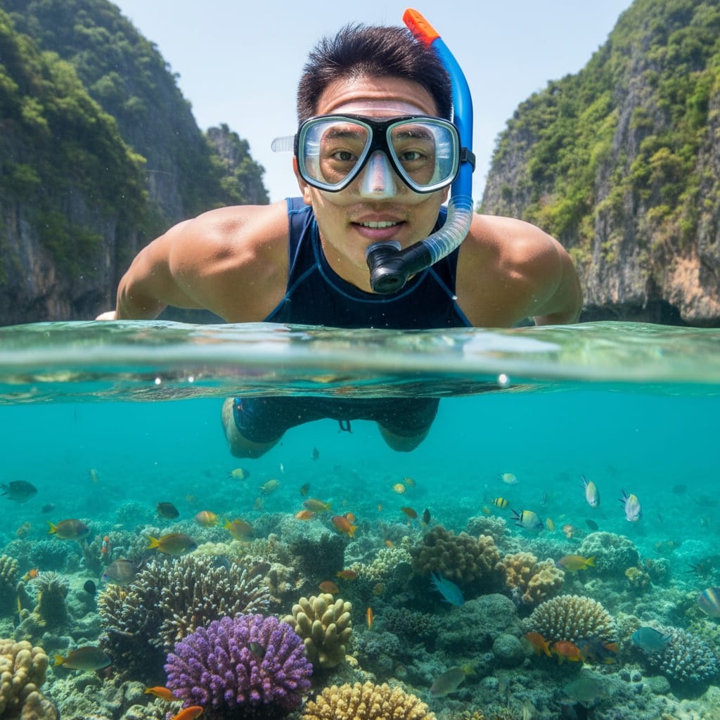 athletic asian man snorkeling coral reef 53219397