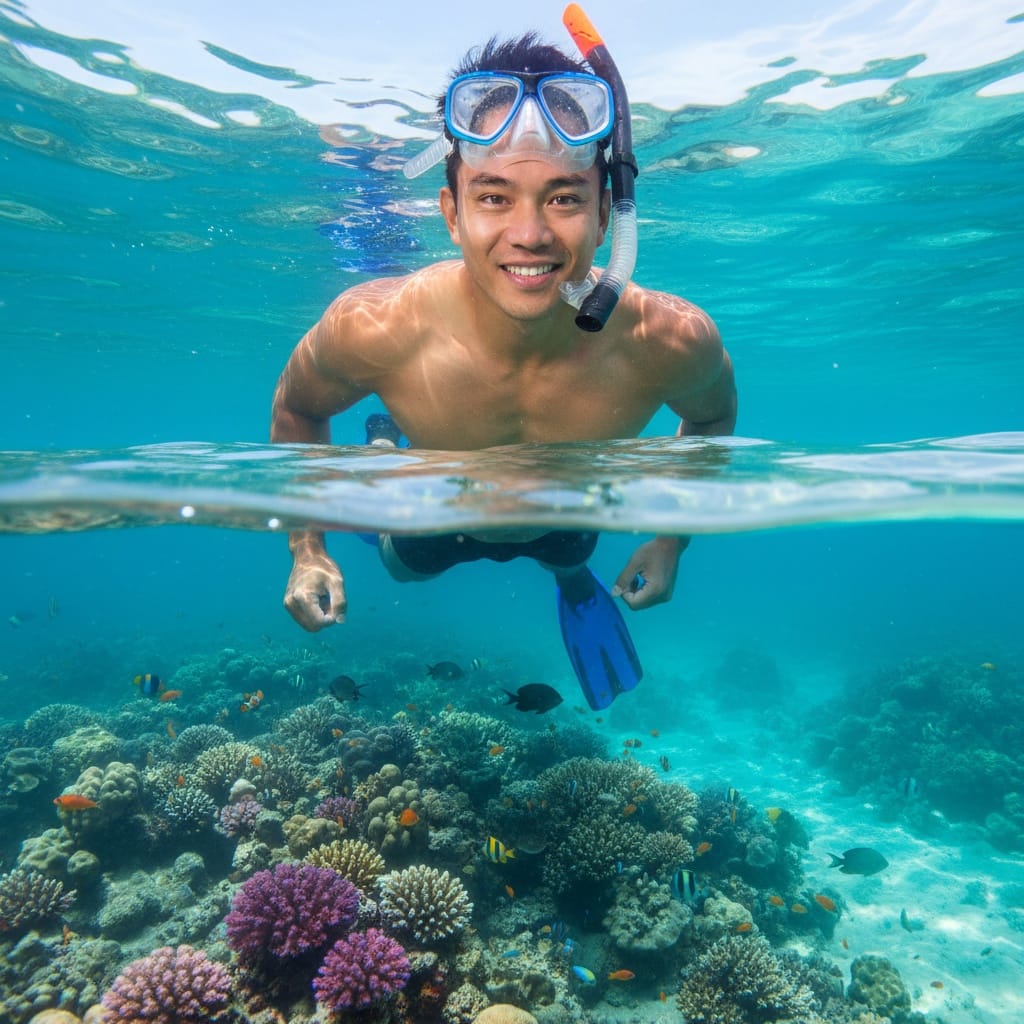 athletic asian man snorkeling coral reef 98399526