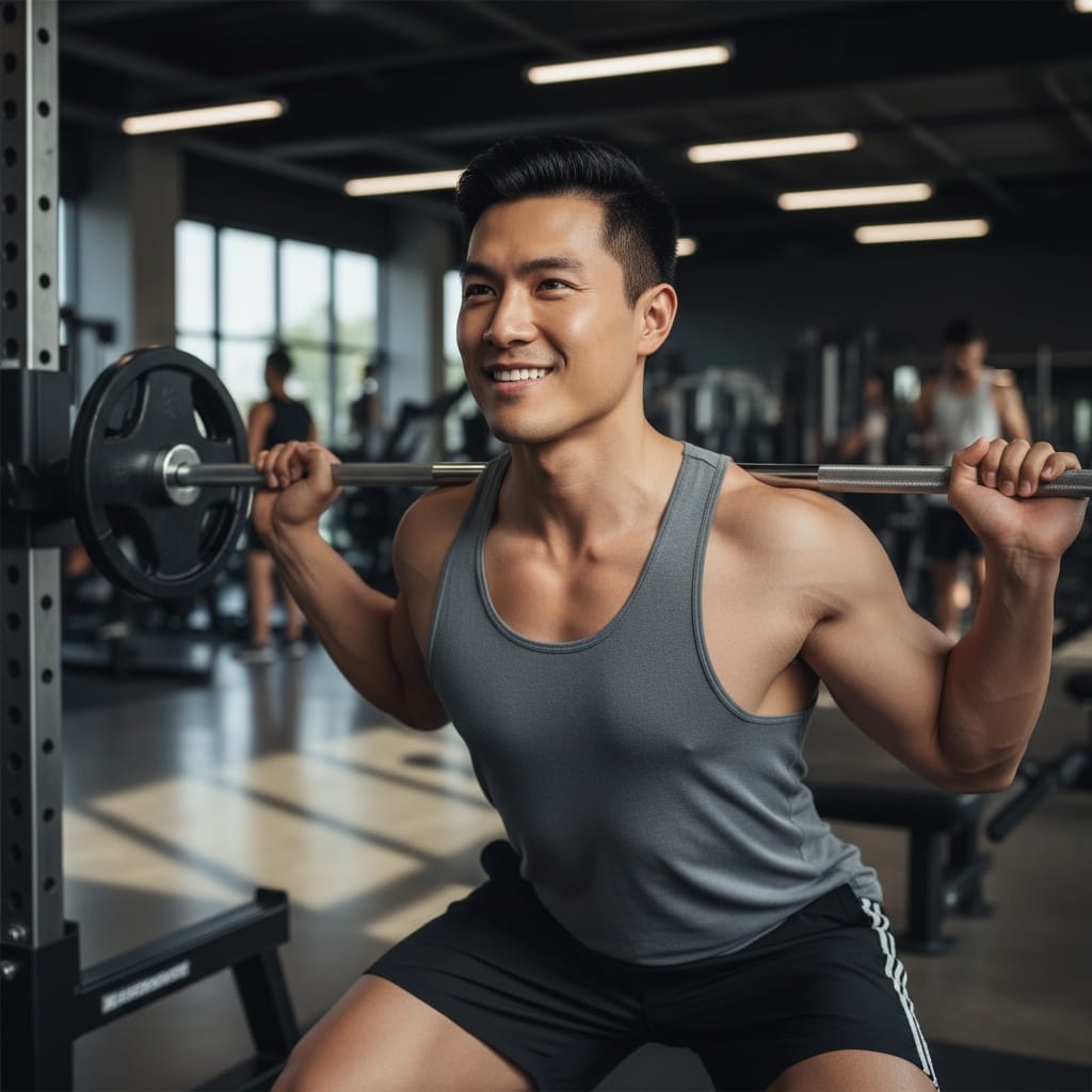 athletic asian man squat rack workout action 30326779