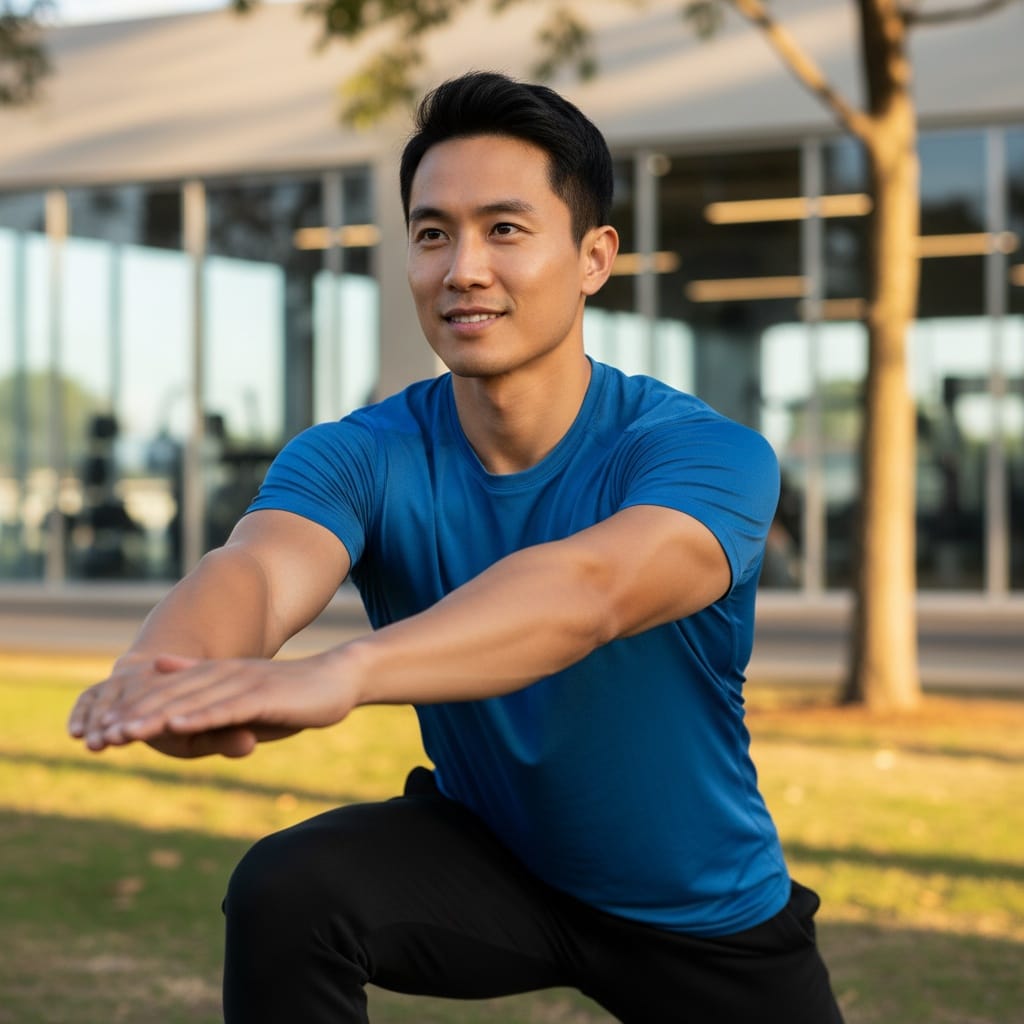 athletic asian man stretching warm up pose 64058761