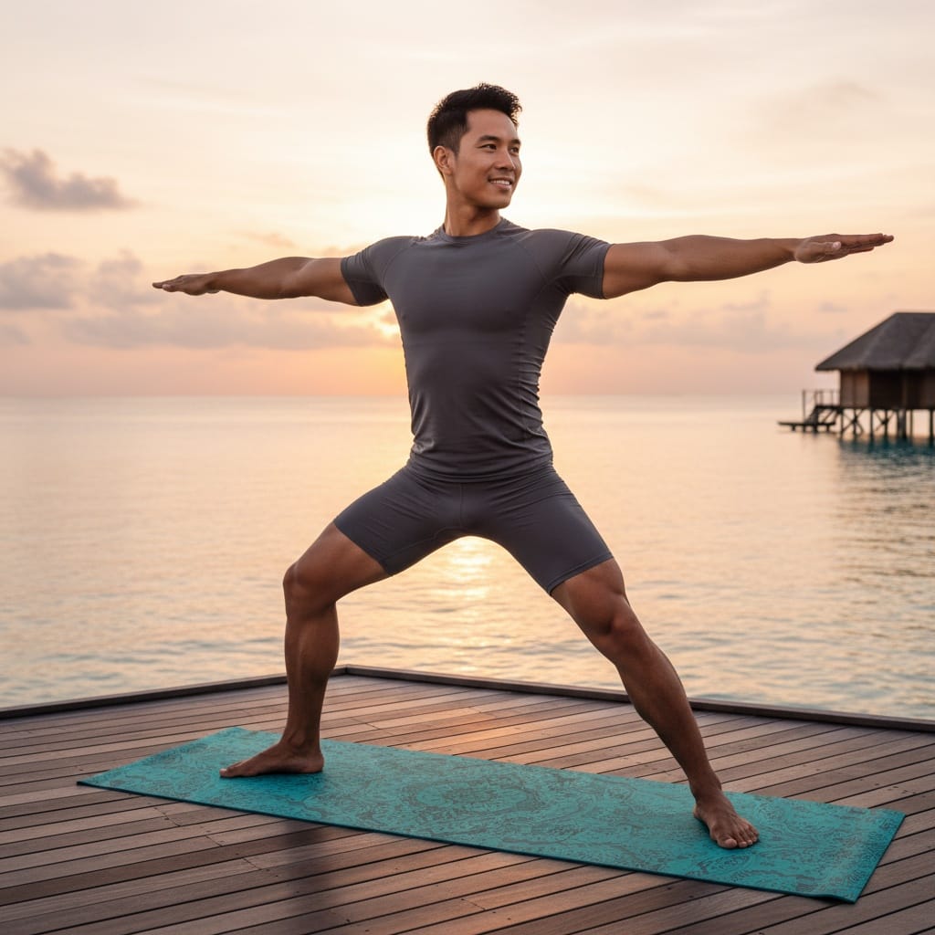 athletic asian man sunrise yoga deck 24773149