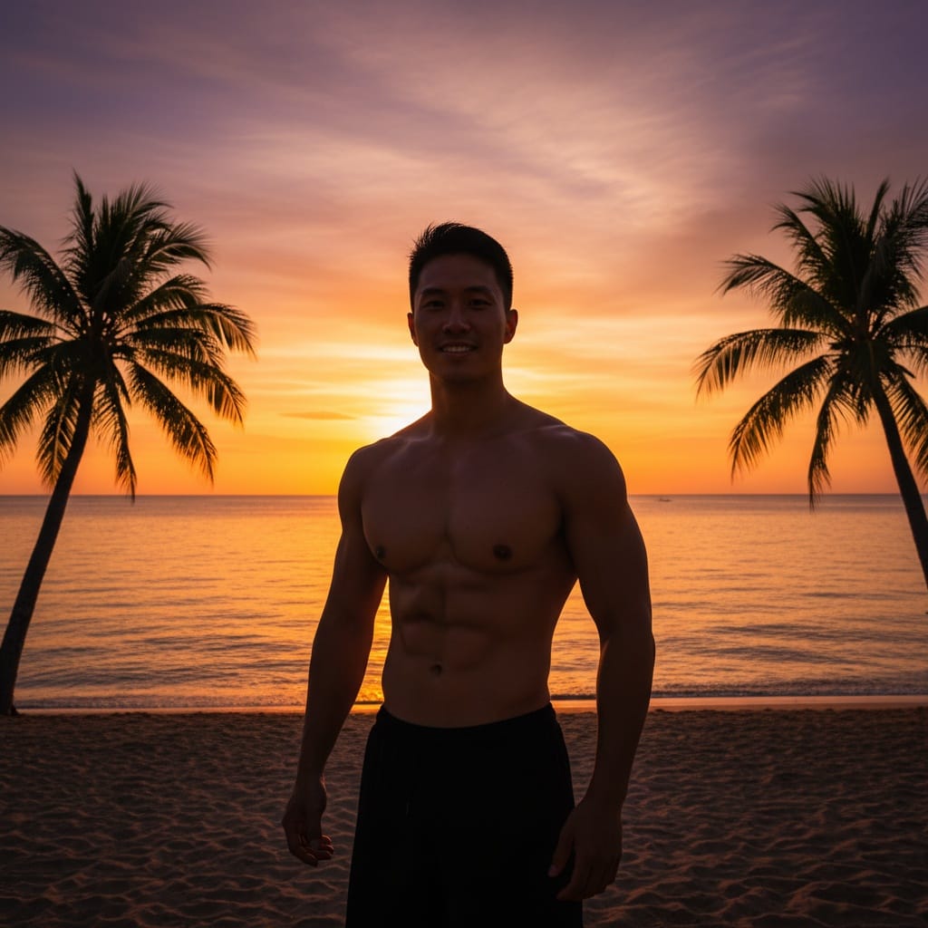 athletic asian man sunset beach silhouette 35476340