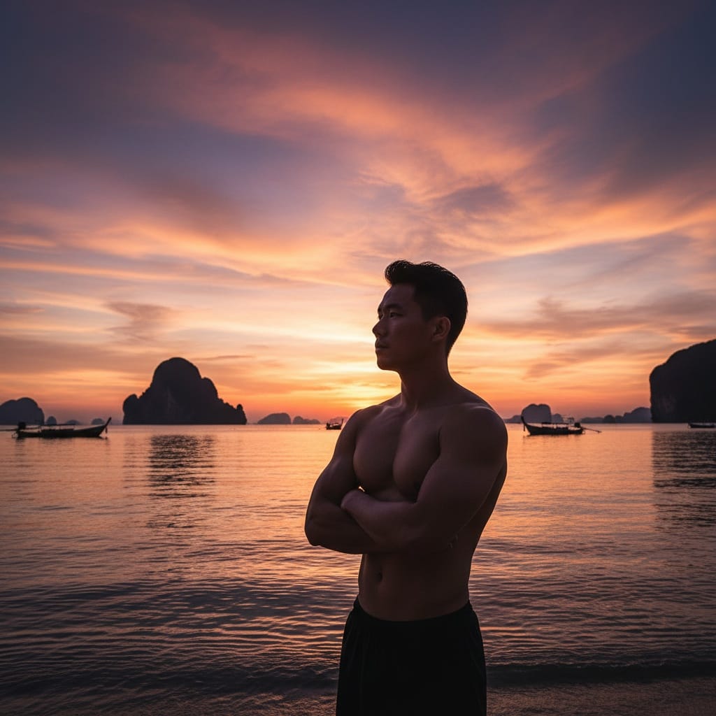 athletic asian man sunset silhouette coast 87154605