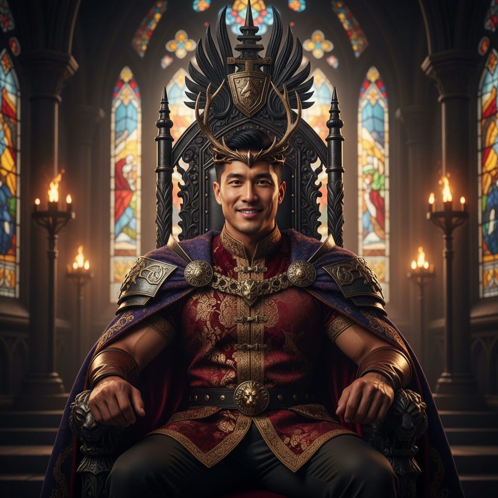 athletic asian man throne room regal pose 12903058