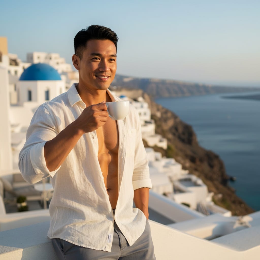 athletic asian man traditional balcony morning 36329255