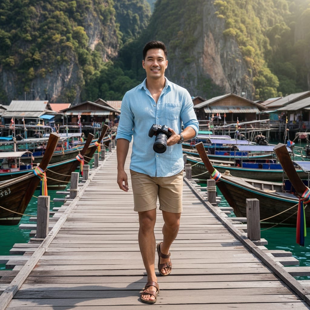 athletic asian man traditional fishing village 93099700