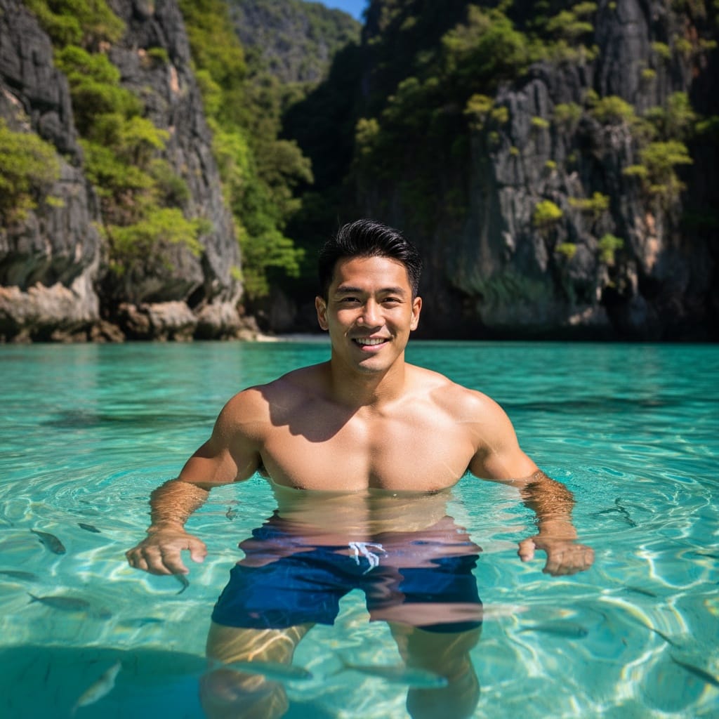 athletic asian man turquoise lagoon swimming 35674179