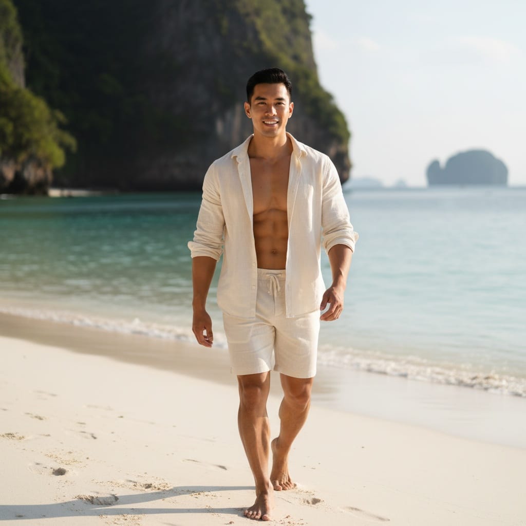 athletic asian man walking white sand beach 26054693