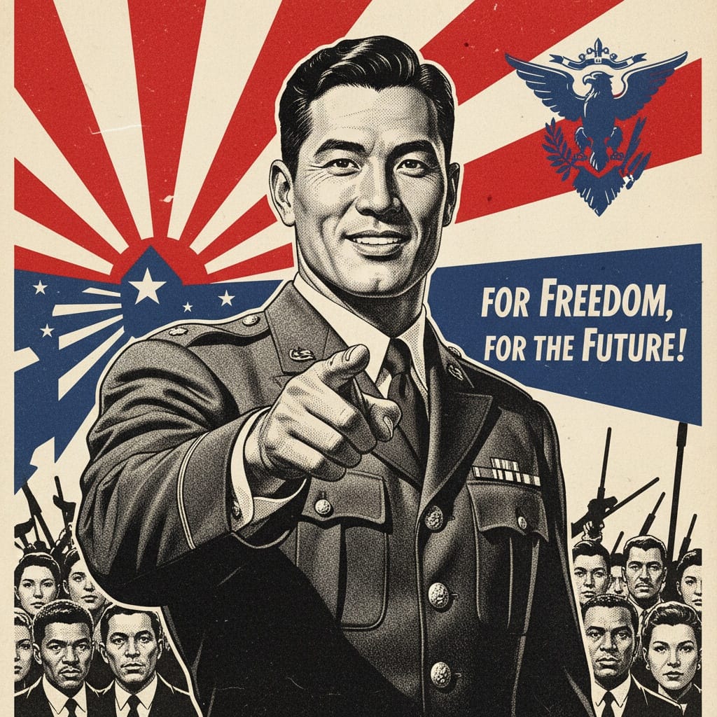 athletic asian man war bonds poster style 25647140