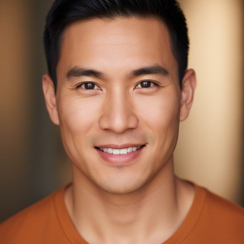 athletic asian man warm personality closeup 19398869