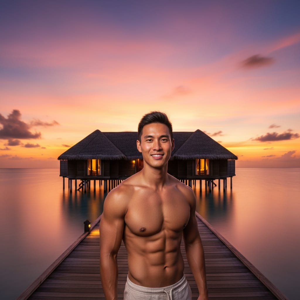 athletic asian man water villa sunset exterior 85391600