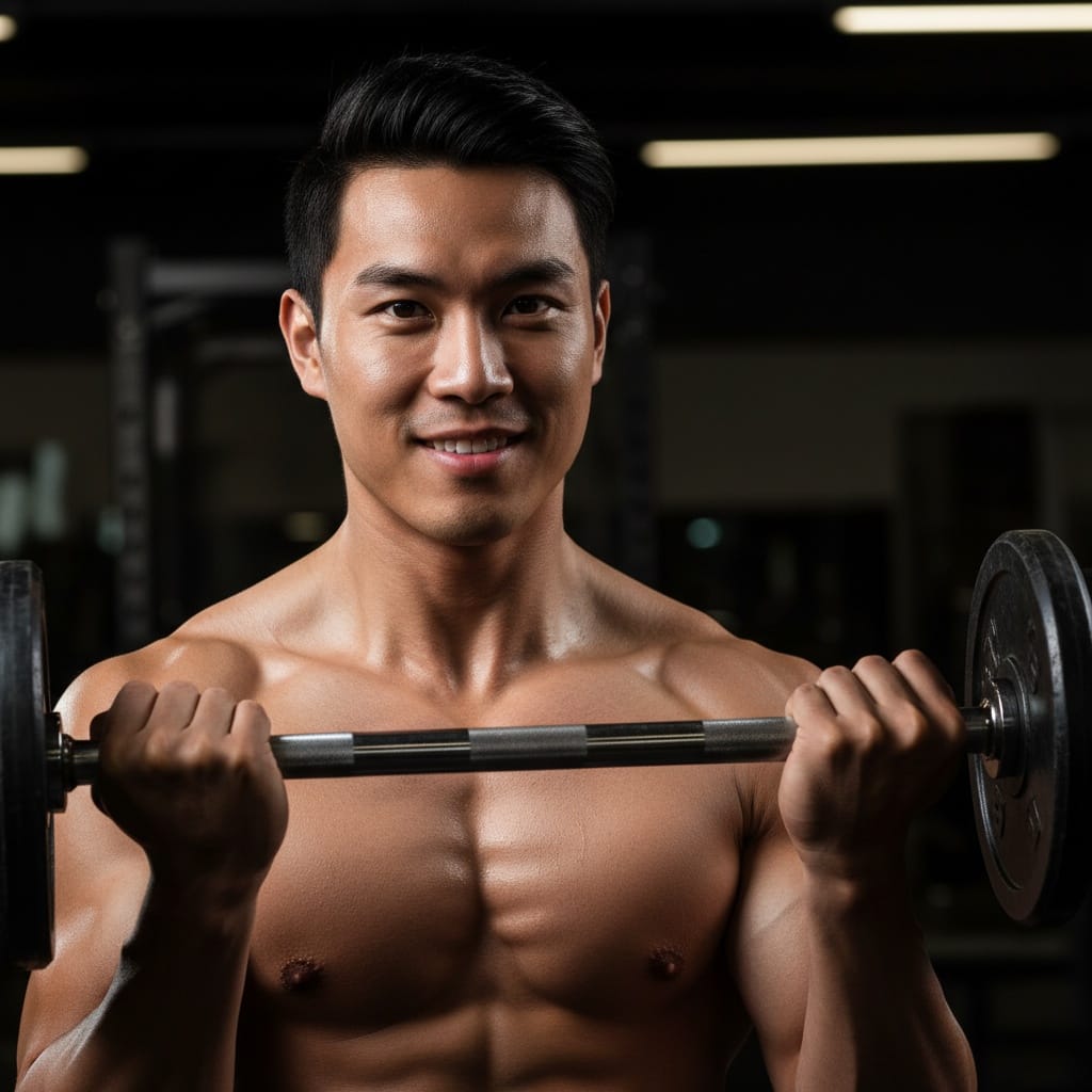 athletic asian man weightlifting close up intensity 68379951