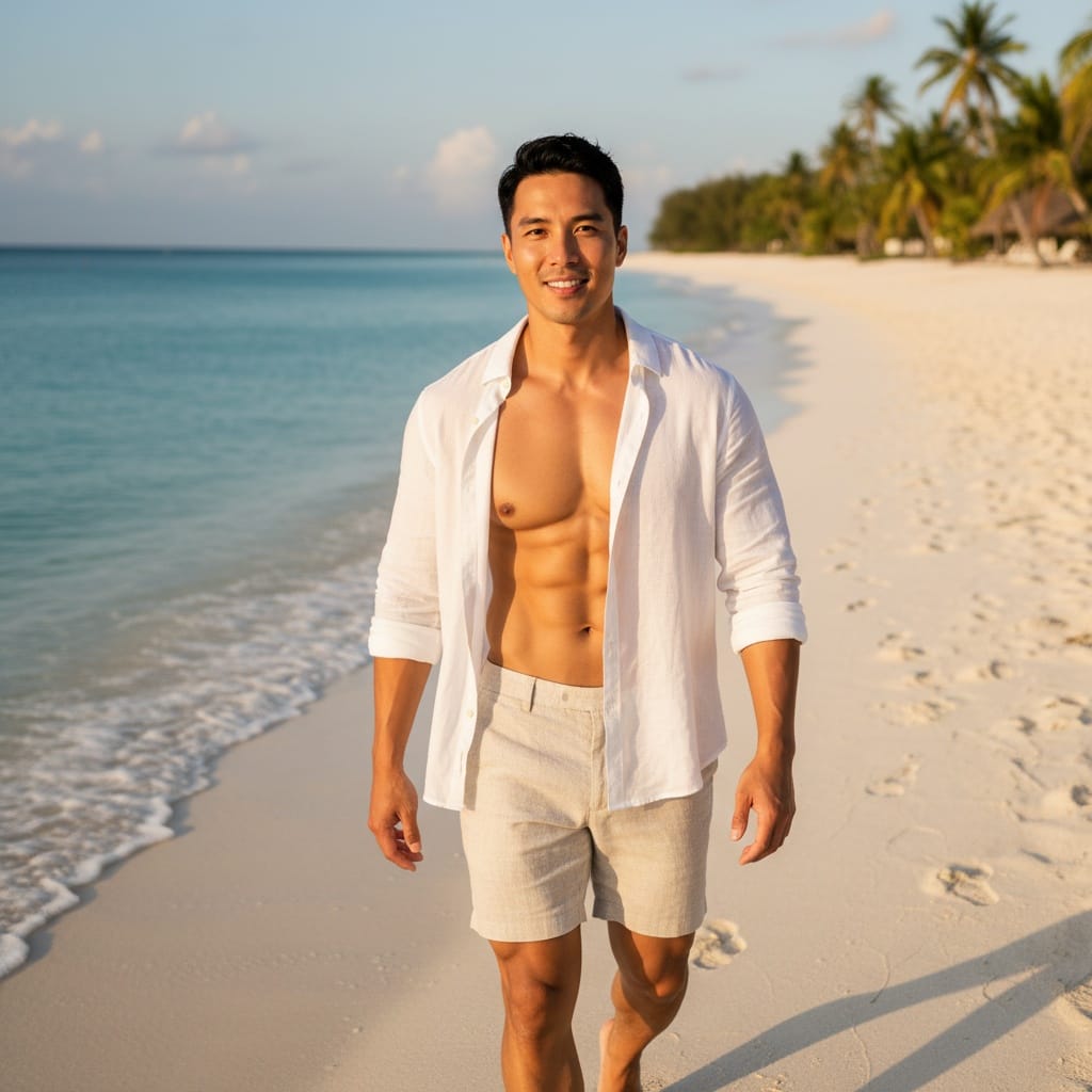 athletic asian man white sand beach walking 63907806