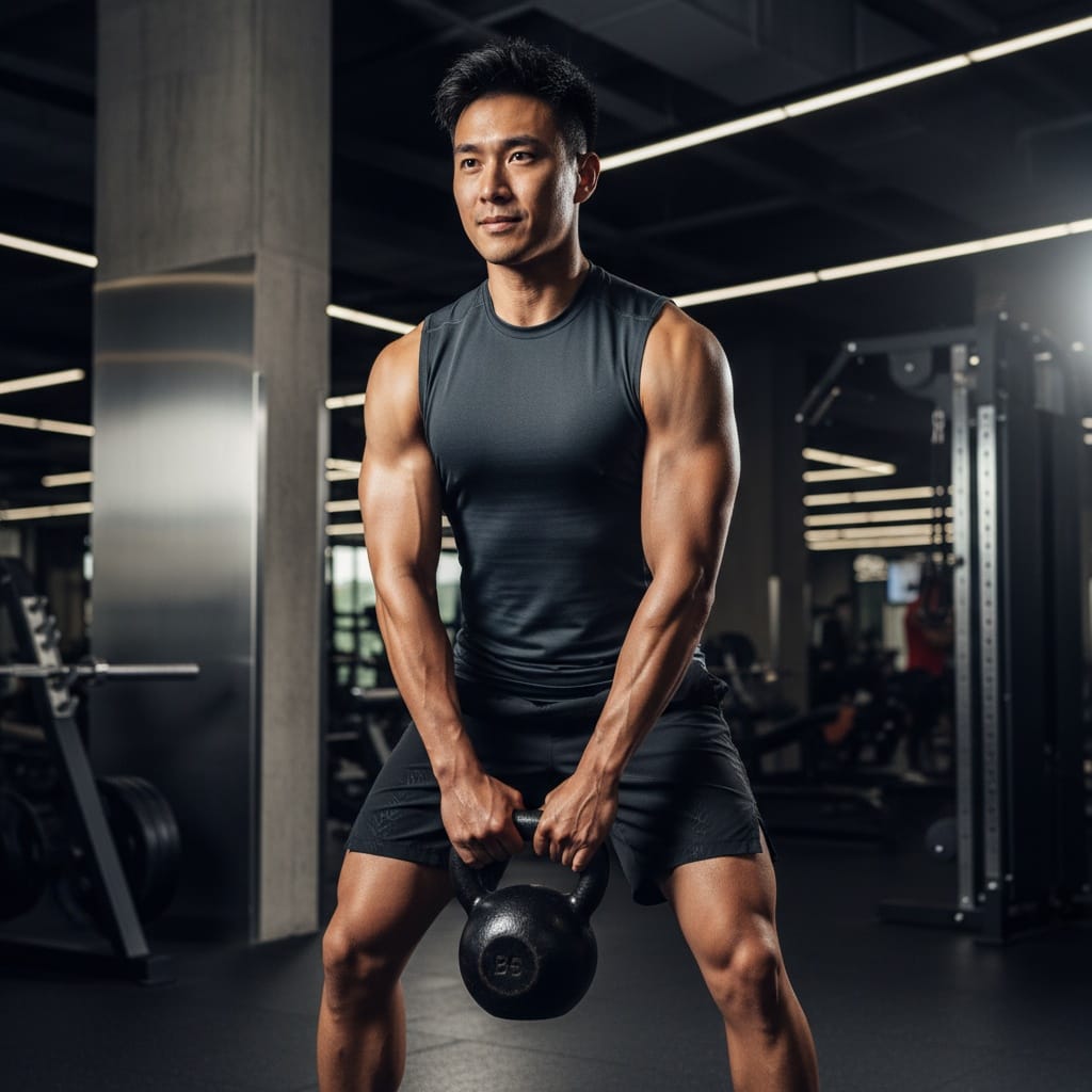 athletic asian man workout equipment action 24433279
