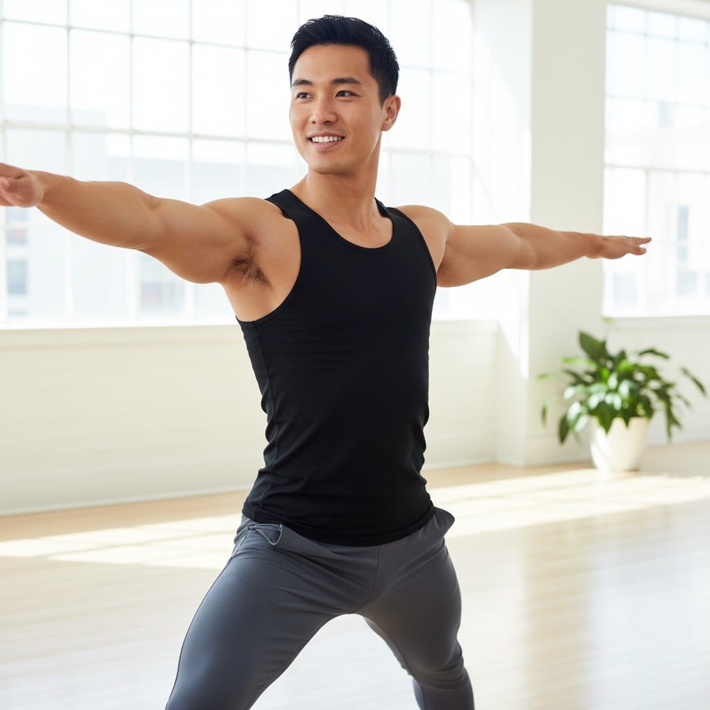 athletic asian man yoga pose flexibility 82789694