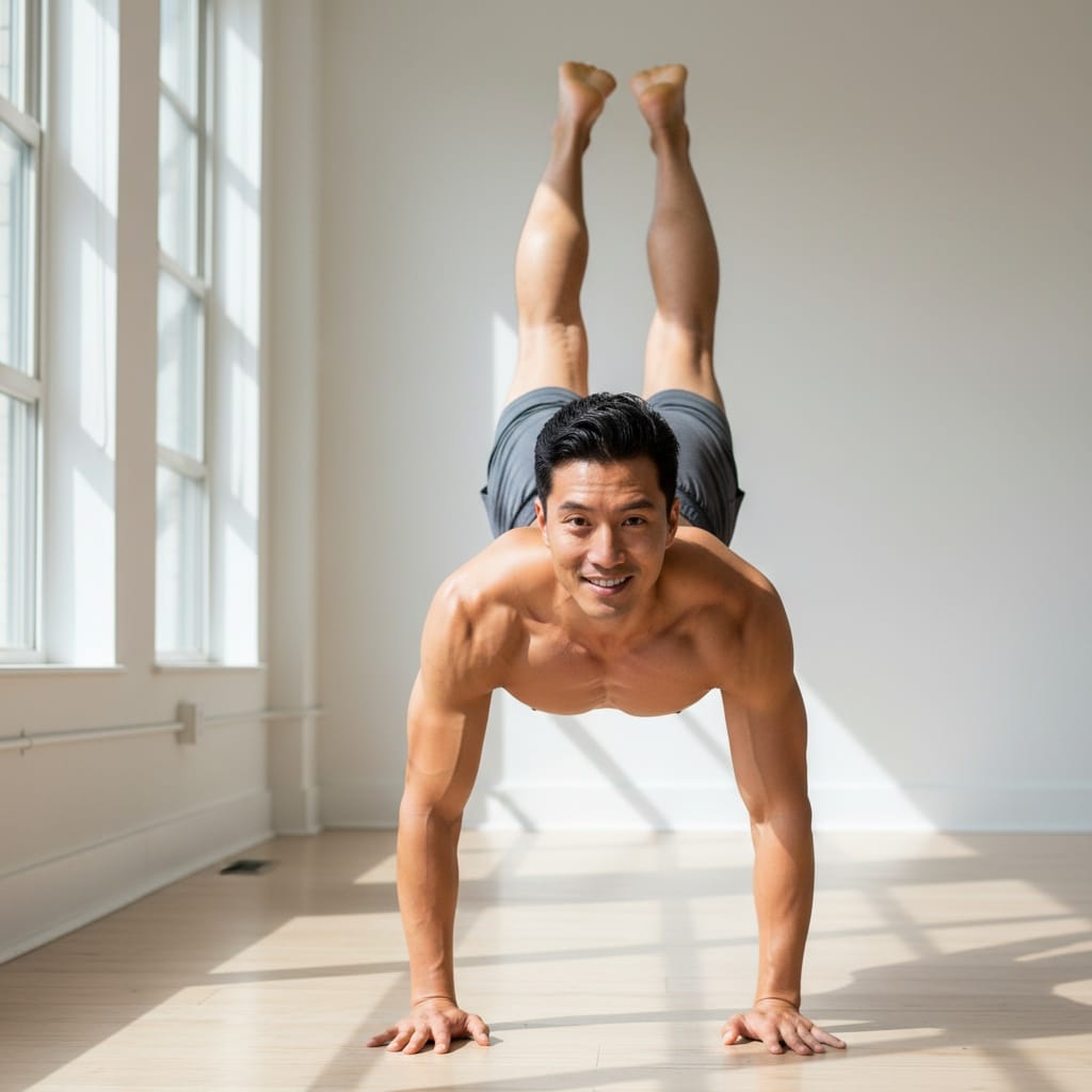 athletic asian man yoga pose studio natural light 24979034