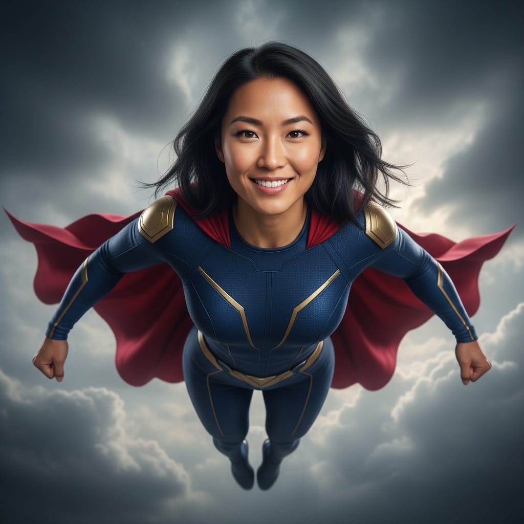 athletic asian woman action flying pose sky 33120488