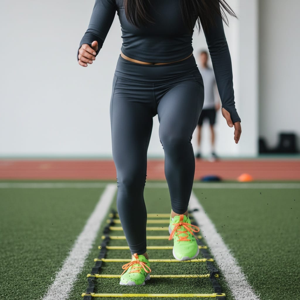 athletic asian woman agility ladder drills 27393092