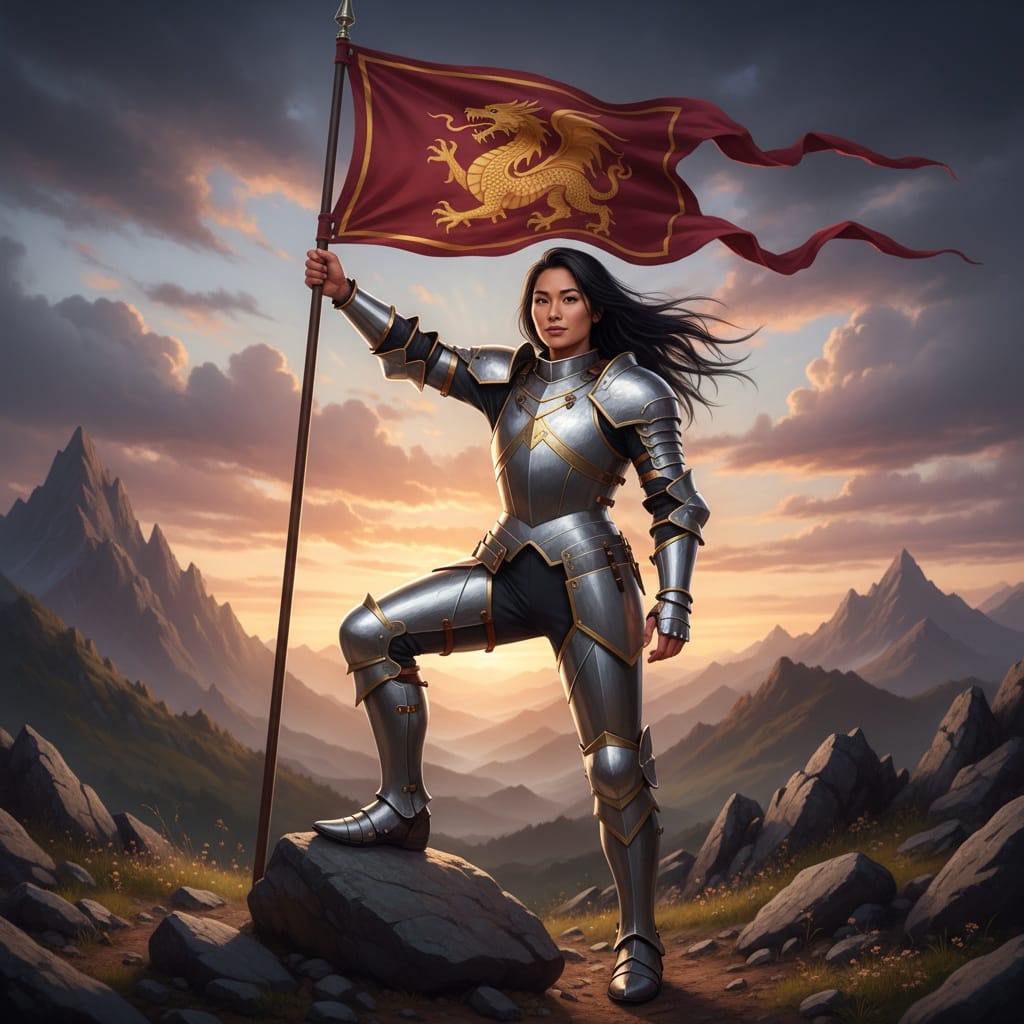 athletic asian woman banner carrier heroic 16858519
