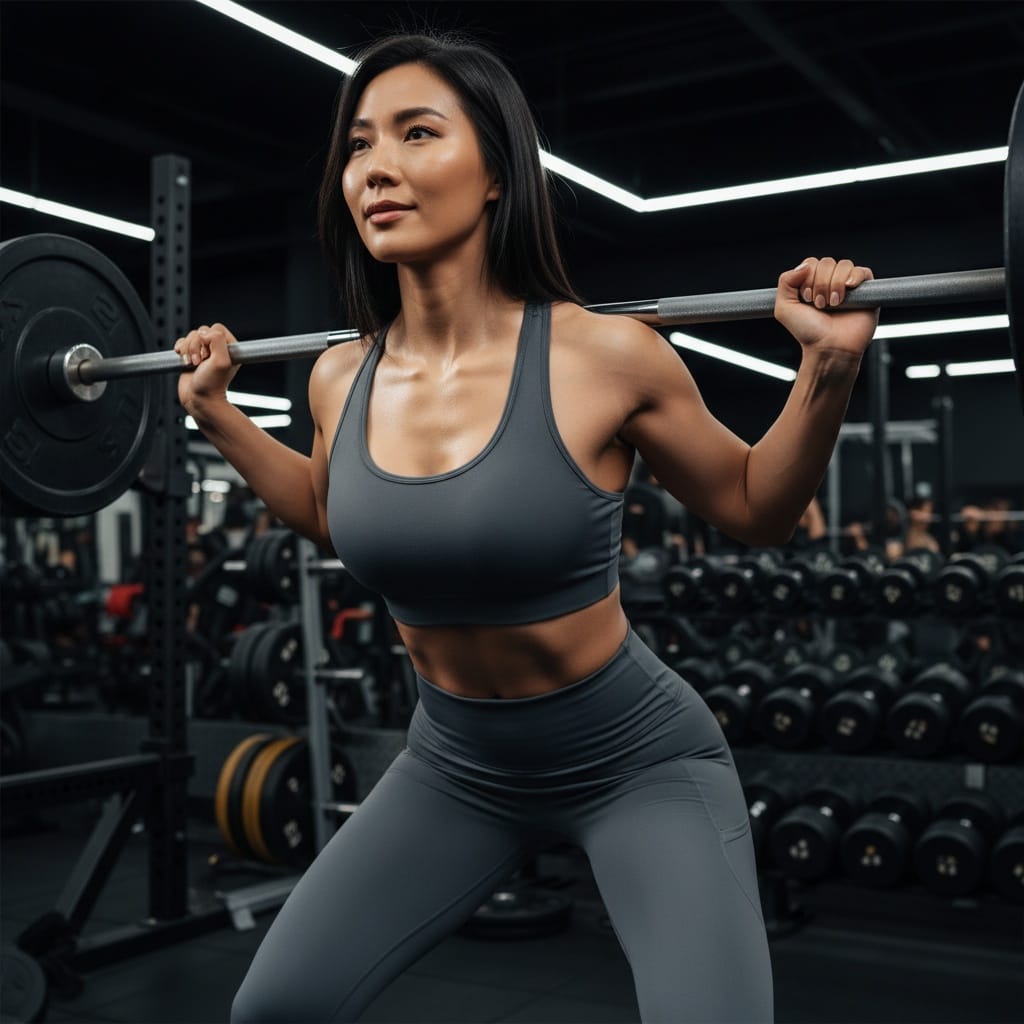 athletic asian woman barbell squat power 68939110