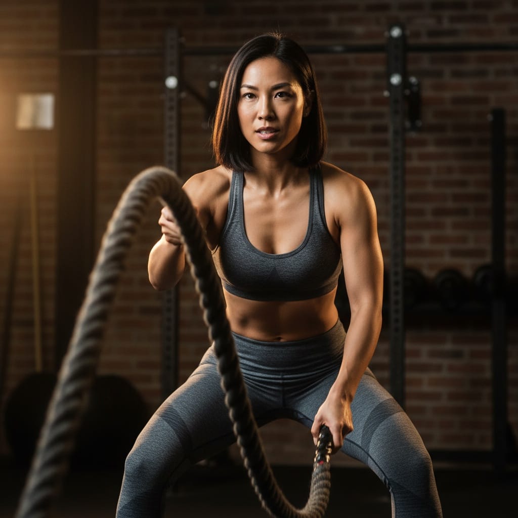 athletic asian woman battle ropes intensity 85811792