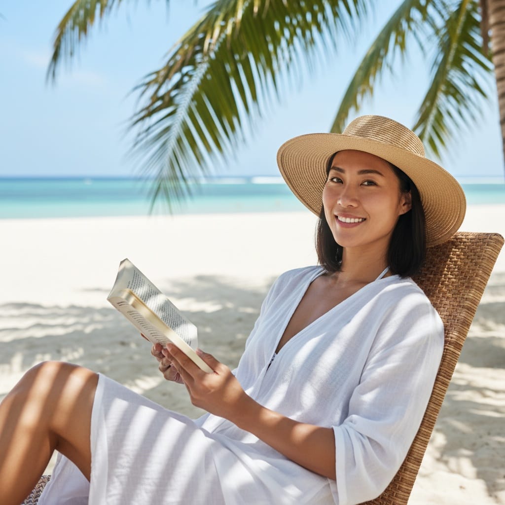 athletic asian woman beach chair palm trees 52753695