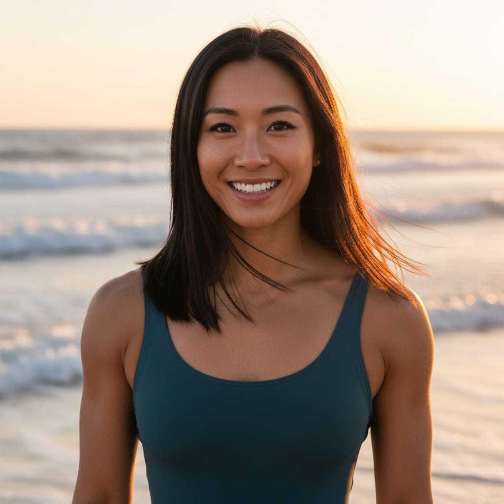 athletic asian woman beach golden hour portrait 96563823