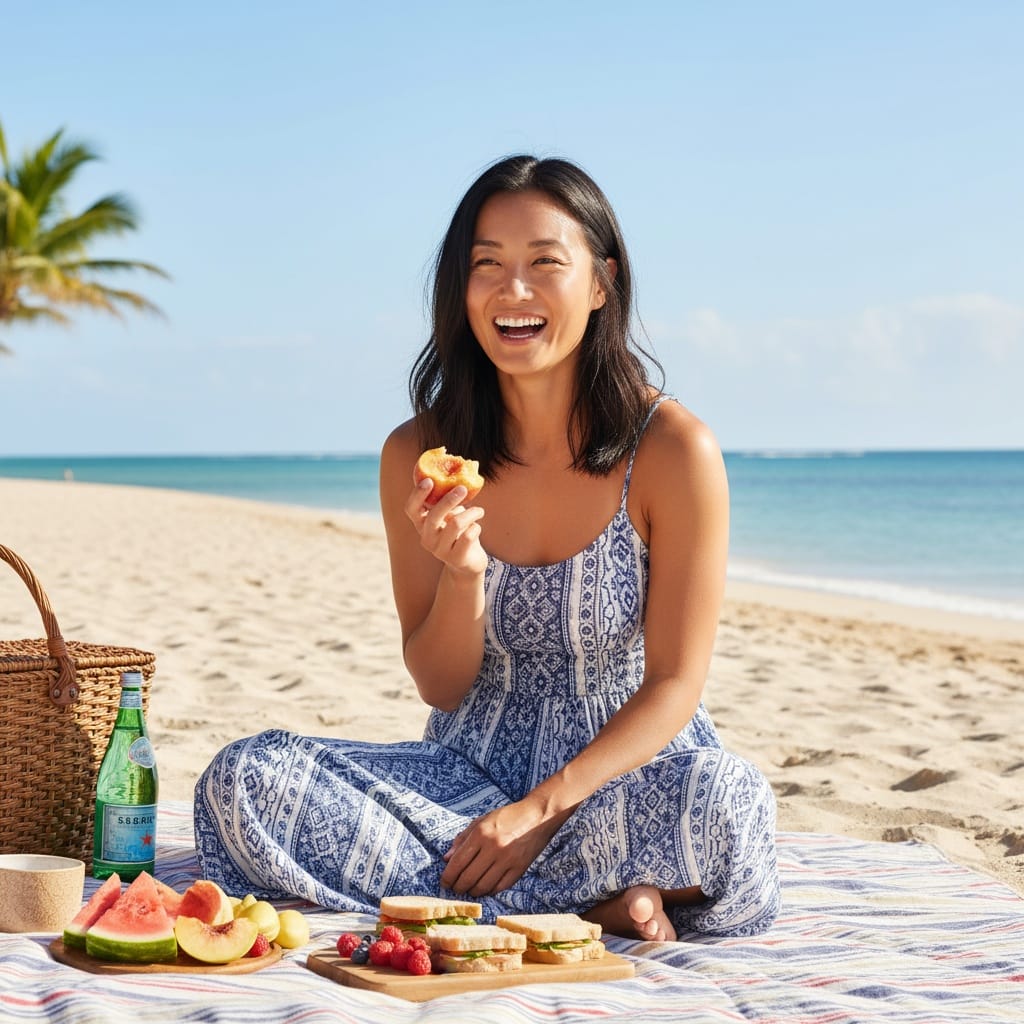 athletic asian woman beach picnic lifestyle 37852403