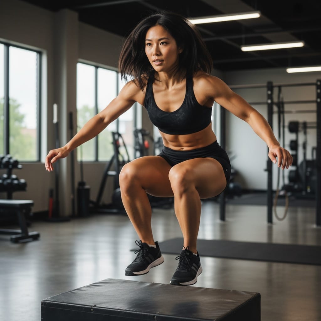 athletic asian woman box jump mid air 47542672