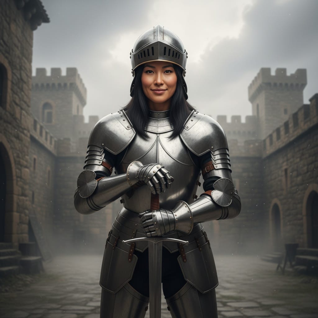 athletic asian woman castle courtyard full armor 50877132