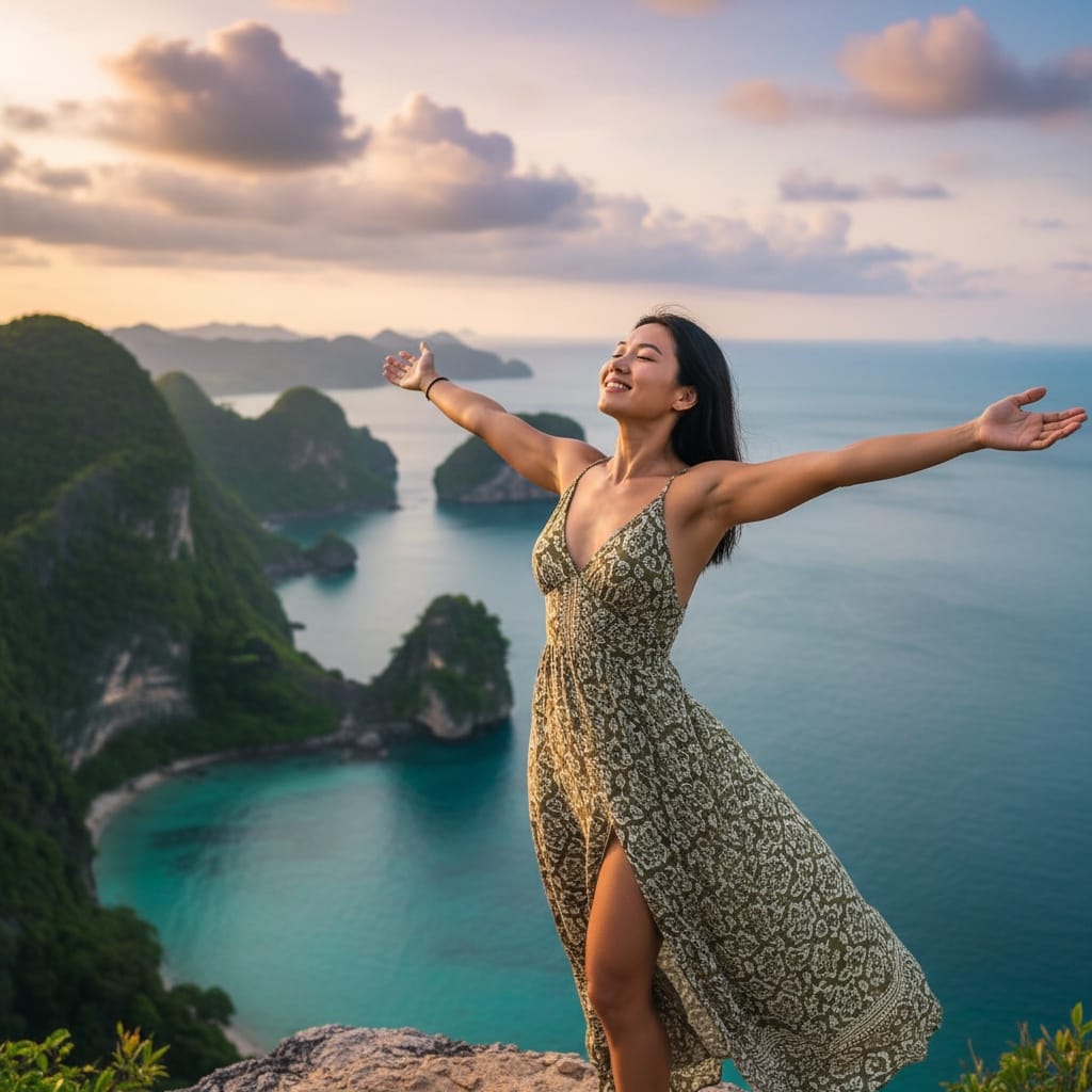 athletic asian woman cliff viewpoint panorama 25537477