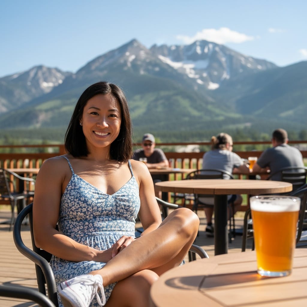 athletic asian woman denver beer patio mountains 42075115