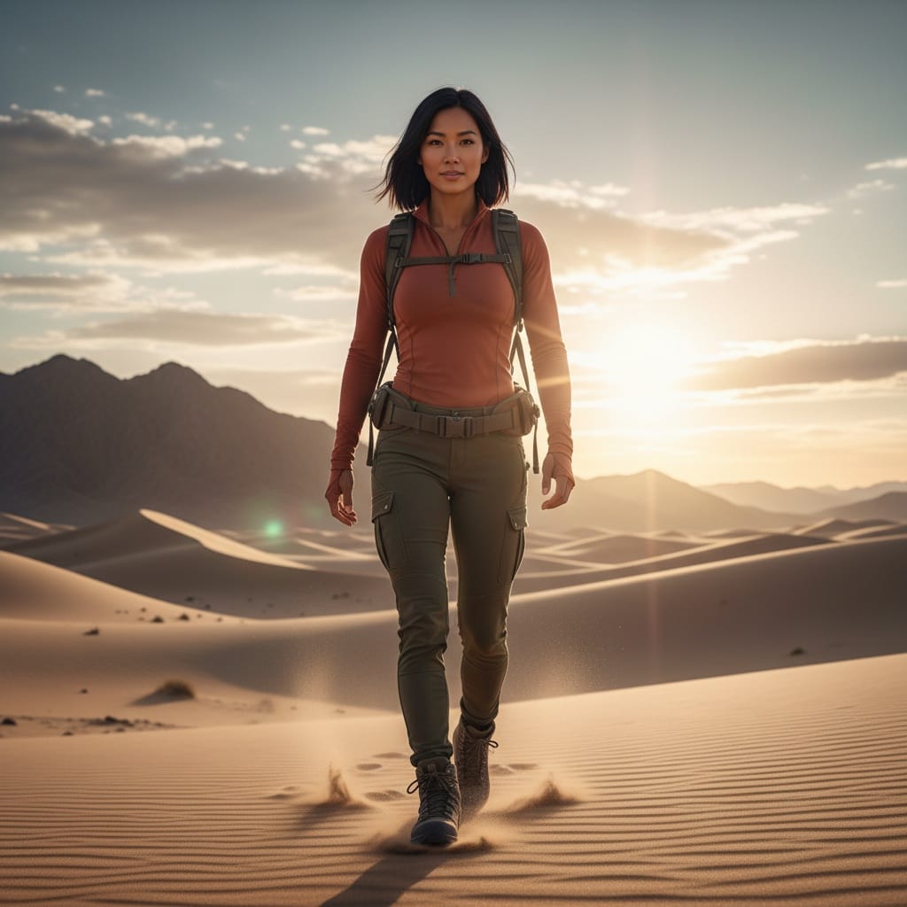 athletic asian woman desert adventure hero 14072434