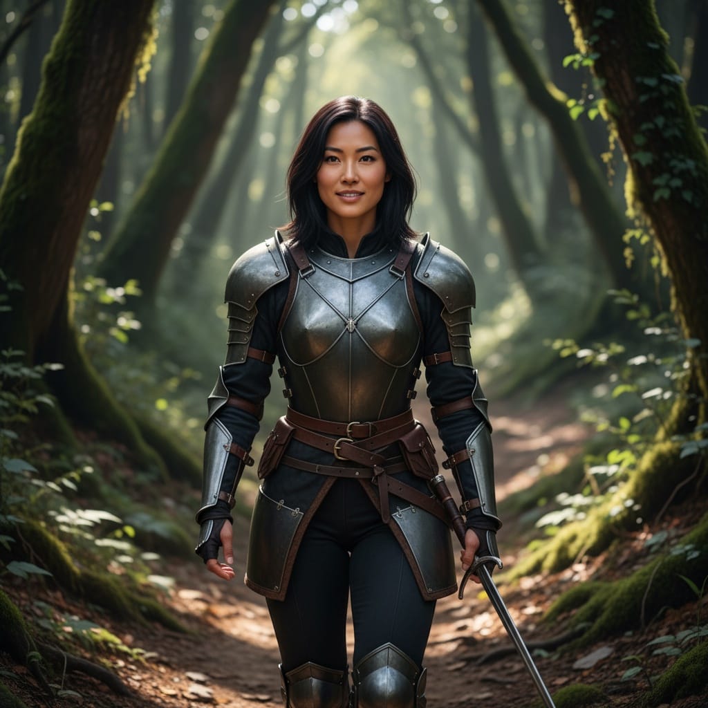 athletic asian woman forest patrol environmental 68105275