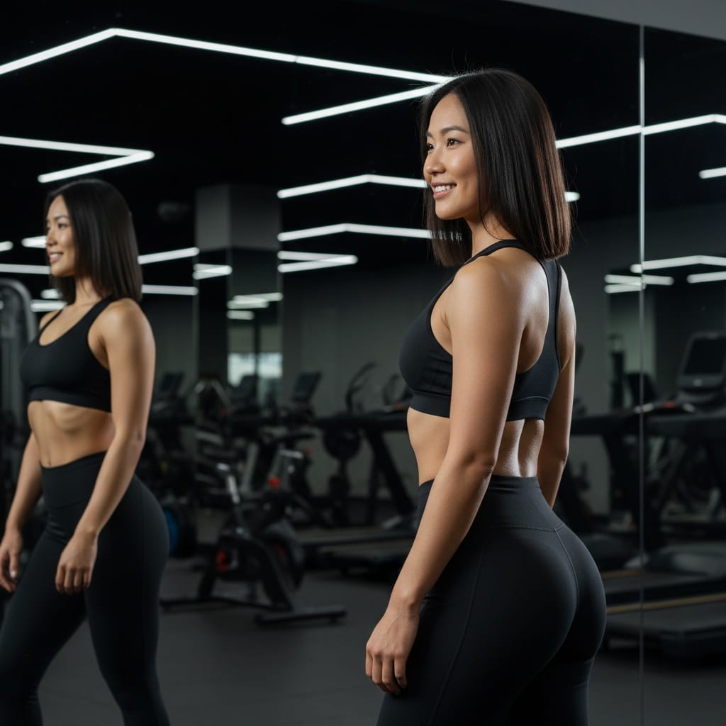 athletic asian woman gym mirror side angle 60314290