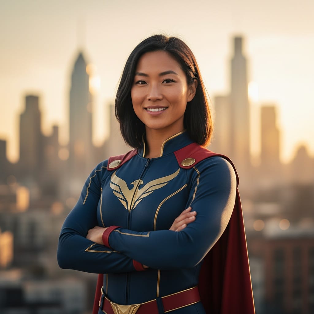 athletic asian woman heroic arms crossed portrait 45567809