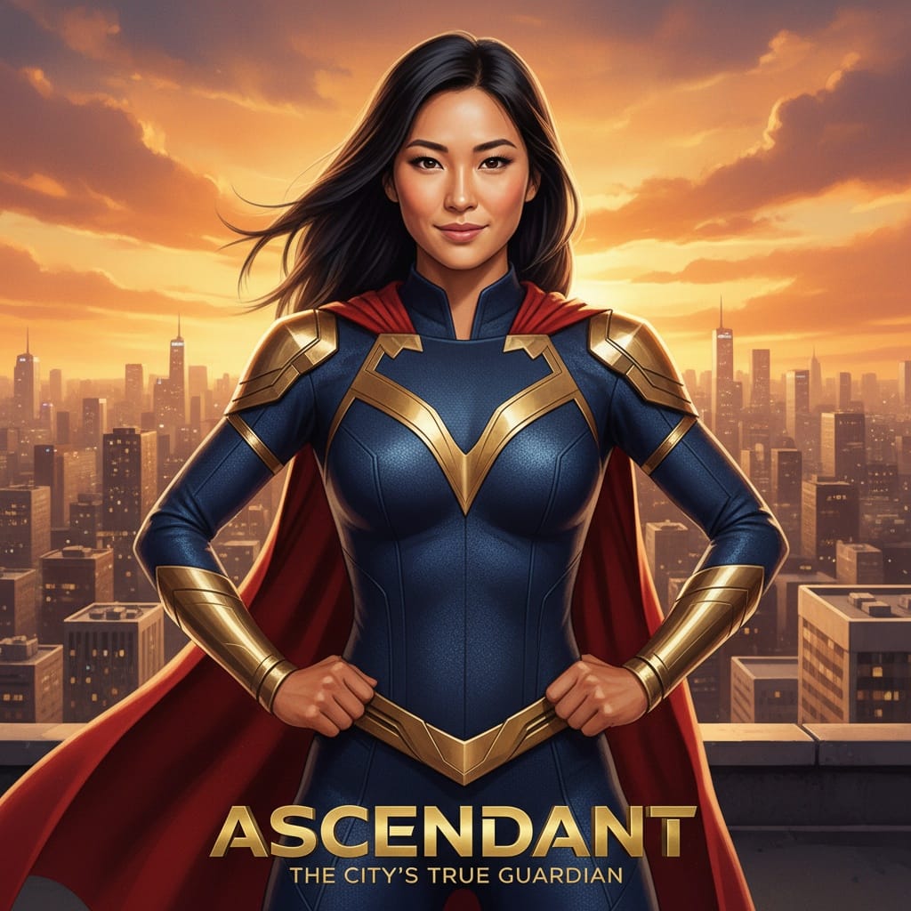 athletic asian woman heroic city rooftop pose 68325516