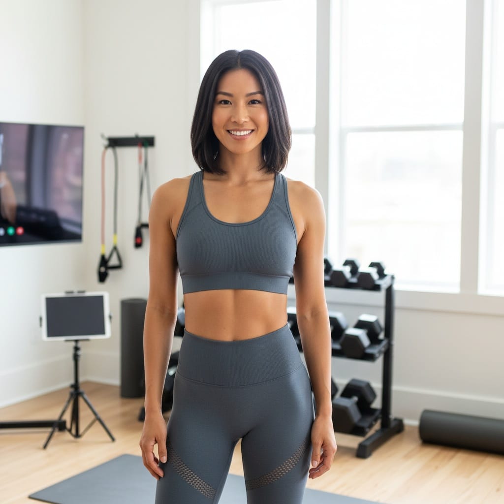athletic asian woman home training setup 50117698