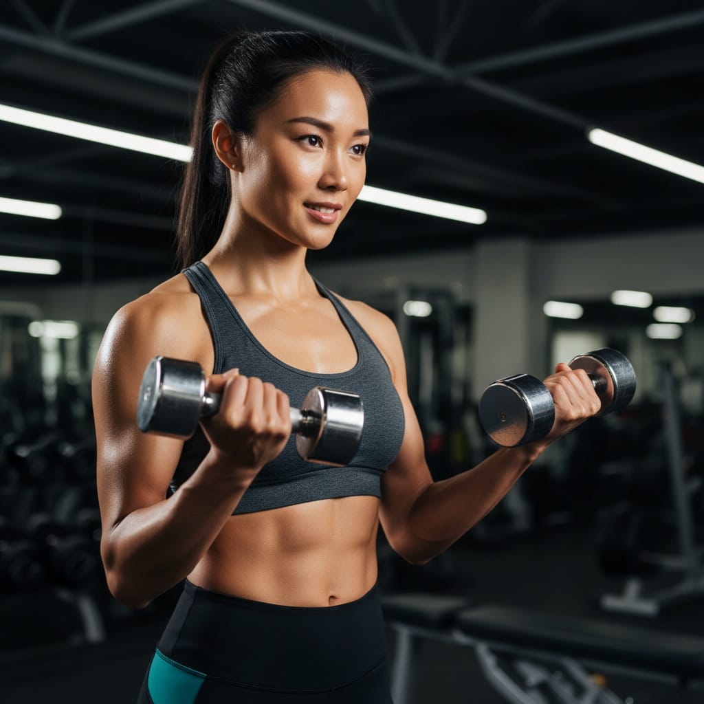 athletic asian woman intense workout weights 44348378